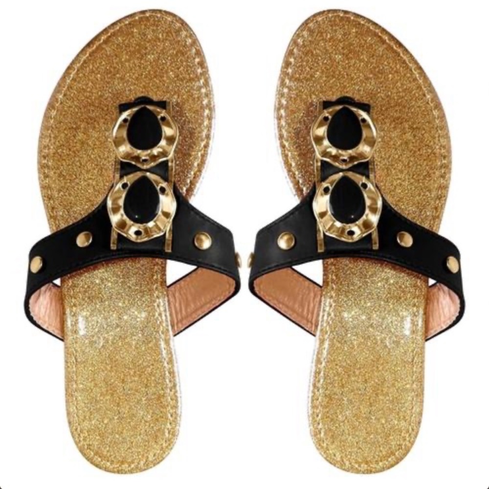 Women`s Sparkle Metal Flat Beach Open Back Thong